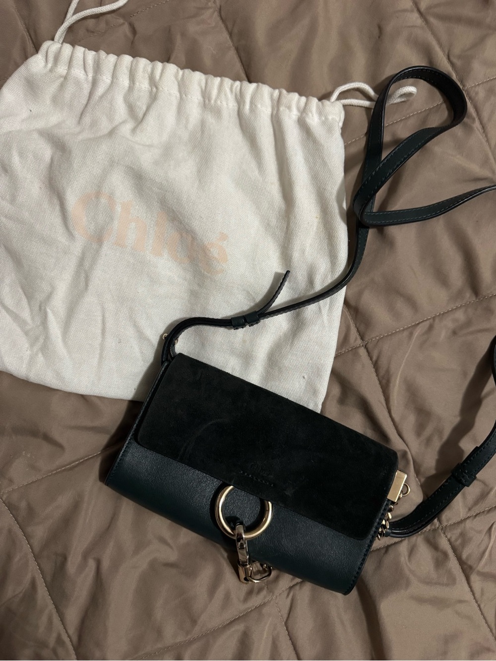 Faye Small Leather and Suede Shoulder Bag in Black
